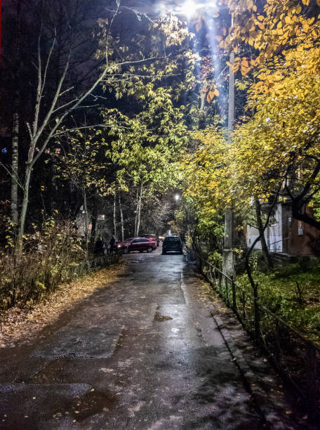 istock Autumn night view on Moscow yard  with yellow color 1437760645