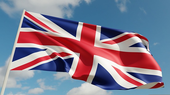 United Kingdom flag on blue sky background. Highly detailed realistic 3D rendering illustration.