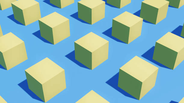 istock 3d render of yellow cubes pattern on blue background. Minimalist design 1437762173