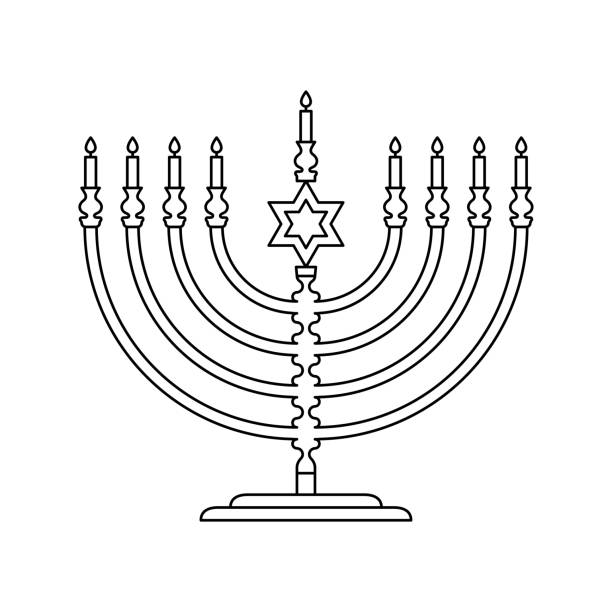 Retro Hanukkah menorah candelabrum with nine branched candles and star of David outline style vector illustration Retro Hanukkah menorah candelabrum with nine branched candles and star of David outline style vector illustration magen david adom stock illustrations