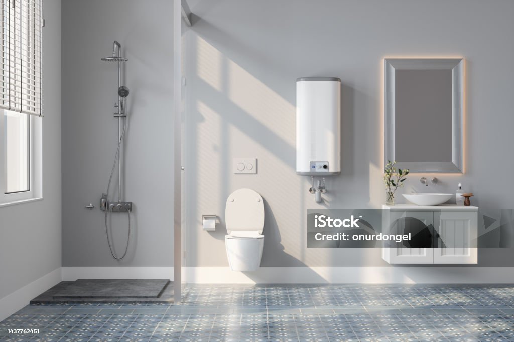 Modern Bathroom Interior With Water Heater, Shower, Toilet And Mirror Bathroom Stock Photo