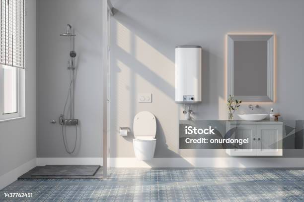 Modern Bathroom Interior With Water Heater Shower Toilet And Mirror Stock Photo - Download Image Now