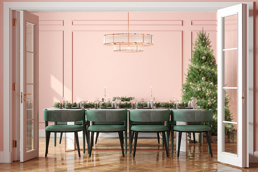 Entrance Of Dining Room With Christmas Tree, Ornaments, Gift Boxes And Christmas Table Setting