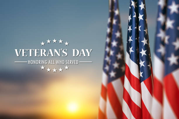 American flags with Text Veterans Day Honoring All Who Served on sunset background. American flags with Text Veterans Day Honoring All Who Served on sunset background. American holiday banner. thank you veterans day stock pictures, royalty-free photos & images