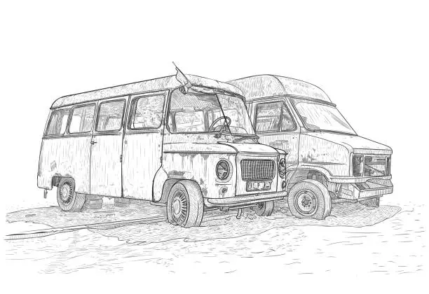 Vector illustration of Two old rusty abandoned minibuses (buses, van) stand with flat tires. Vector illustration in a linear shading style on a white background, EPS 10. The concept of a car dump and retro cars.Hand drawing