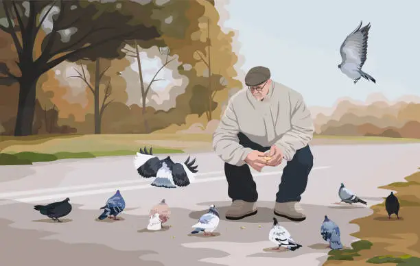 Vector illustration of An old man (grandfather) with a gray mustache and beard, in a cap, feeds pigeons (doves) with bread in an autumn park. Happy pensioner. Vector illustration, EPS 10. Retirement vacation concept.