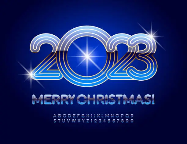Vector illustration of Vector Merry Christmas 2023 luxury Greeting Card. Blue and Golden stylish Alphabet Letters