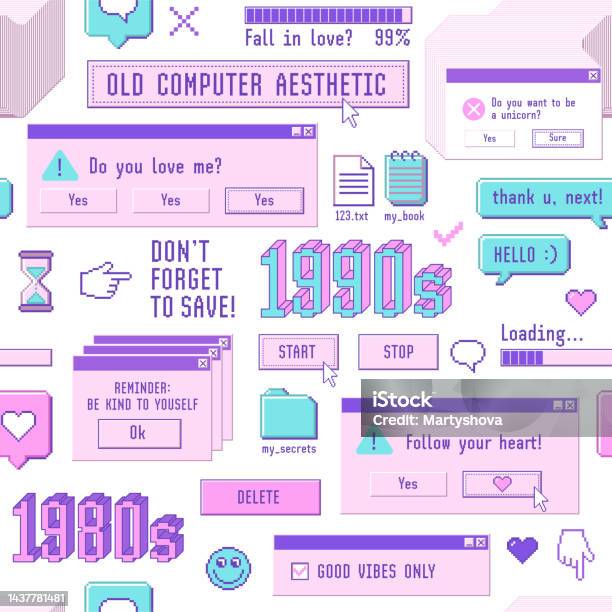 Old Computer Aestethic 1980s 1990s Seamless Pattern With Retro Pc ...