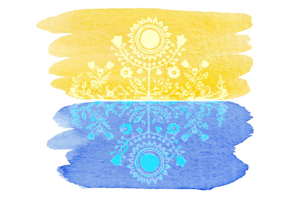 Ukraine banner. Folk pattern in the colors of the national flag of Ukraine. Peace symbol, Stop the war. Support Ukraine Ukraine banner. Folk pattern in the colors of the national flag of Ukraine. Peace symbol, Stop the war ukrainian language stock illustrations