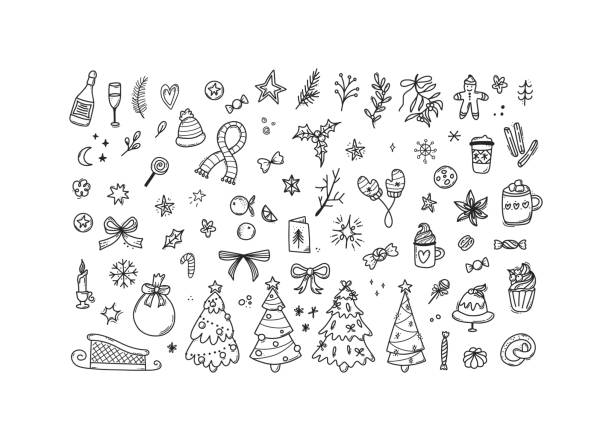 istock Black outline Christmas doodle set. Hand Drawn new year collection, xmas tree, sweets. Winter design doodle elements in line art style. Vector illustration isolated on white background. 1437781580