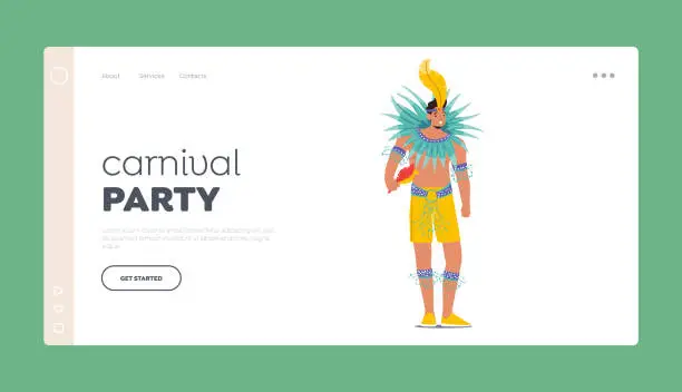 Vector illustration of Carnival Party Landing Page Template. Man Dancing at Fest in Rio De Janeiro. Brazilian Samba Dancer Wearing Costume