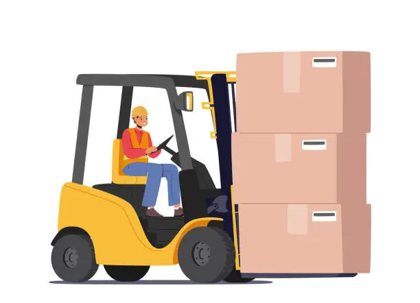 Vector illustration of Cargo Logistics and Warehouse Service Concept. Worker Driving Forklift with Cardboard Parcel Boxes Delivering Freight