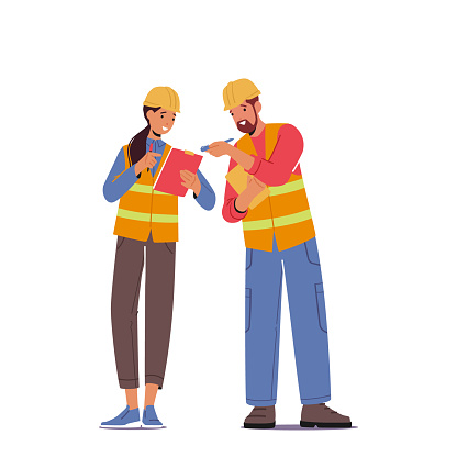 Male and Female Characters Wear Orange Vest and Hardhat with Clipboard. Warehouse Employees, Builder, Engineer, Architect or Constructor Man and Woman Working on Project. Cartoon Vector Illustration