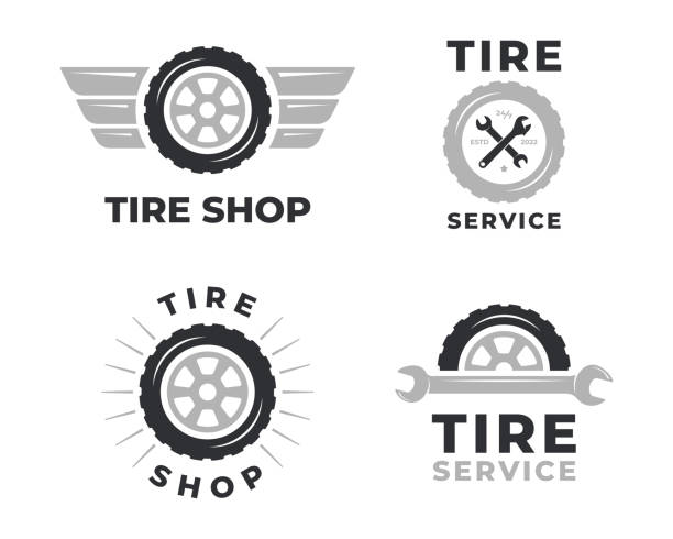 A set of logos with wheels. Emblem tires and wrench. A set of logos with wheels. Emblem tires and wrench. Collection of car repair service badges isolated vintage tire stock illustrations