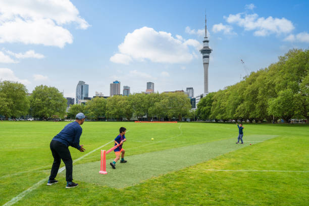 Family playing cricket outdoor in  a ground with Auckland Sky Tower in background.
