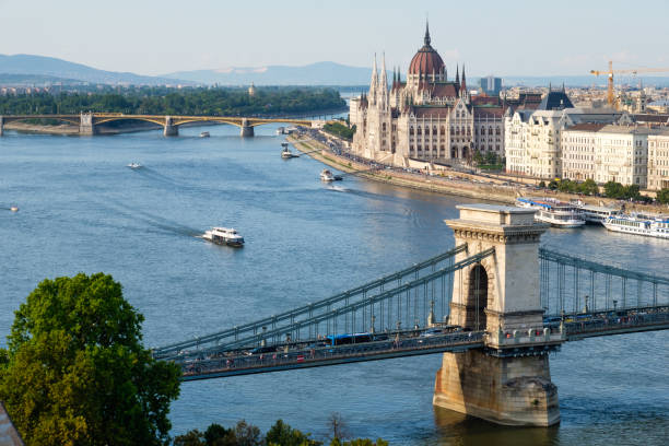 View from the Castle Hill - Budapest The Széchenyi Chain Bridge, the Margaret Bridge and the Hungarian Parliament Building - Budapest, Hungary margitsziget stock pictures, royalty-free photos & images