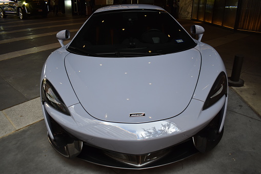 Houston, TX USA October 30, 2022 - McLaren 570 S Sports car parked in the downtown financial district of Houston