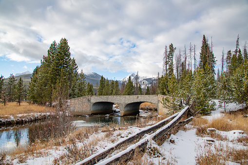 Bridge over small stream after snowfall in Rocky Mountain National Park in northern Colorado, USA.