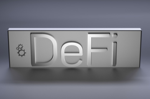 The DEFI - Decentralized Finance blur metallic text. Business concept. 3D render.