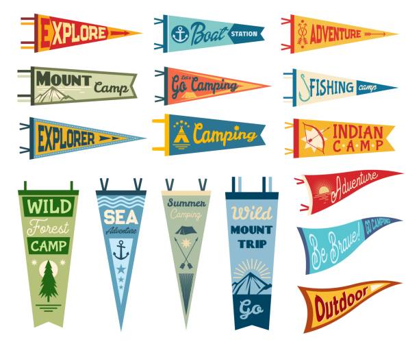 Camping pennant flags, outdoor sport club banners Camping pennant flags, camp pendants and outdoor sport club vector banners. Scout summer camping, kayak or boat station, fishing and mountain hiking camp pennant flag, tourism banners rowing boat fishing stock illustrations