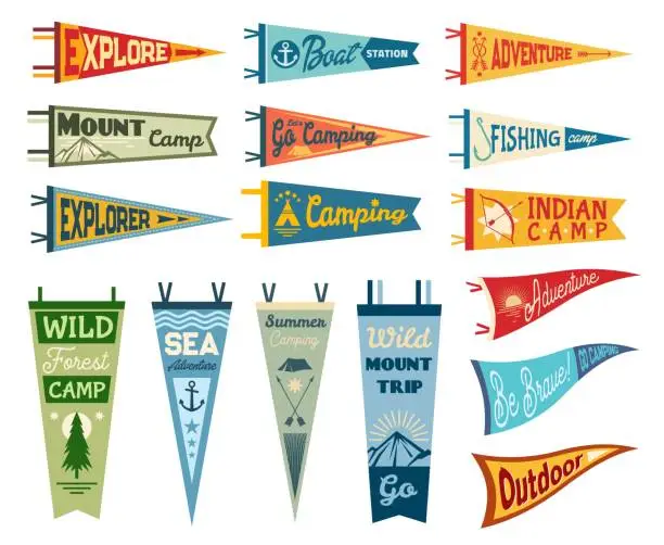 Vector illustration of Camping pennant flags, outdoor sport club banners