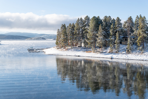 Empty boat docks as winter approaches on Grand Lake in Colorado in western USA near the Rocky Mountain National Park.