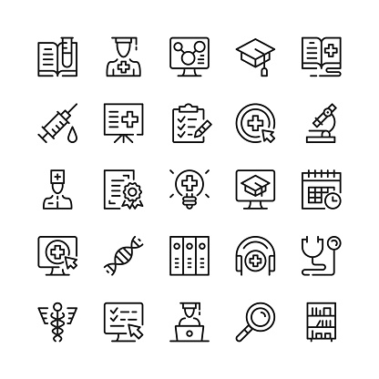 Medical education line icons. Outline symbols. Vector line icons set