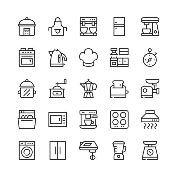 Kitchen appliances line icons. Outline symbols. Vector line icons set Kitchen appliances line icons. Outline symbols. Vector line icons set burner stove top stock illustrations