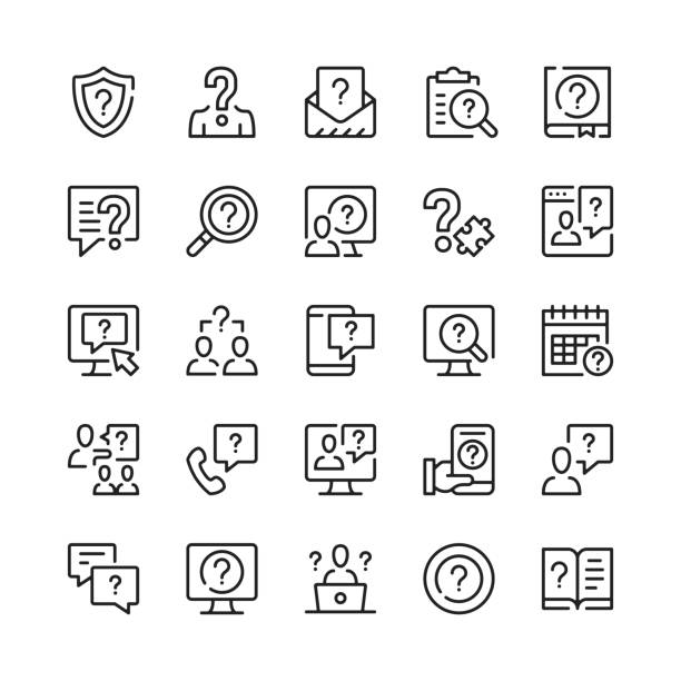 ilustrações de stock, clip art, desenhos animados e ícones de question line icons. outline symbols. vector line icons set - jigsaw puzzle solution one person people