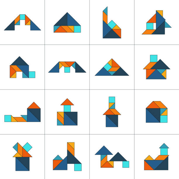 ilustraciones, imágenes clip art, dibujos animados e iconos de stock de rompecabezas de tangram. conjunto de edificios tangram. rompecabezas para niños. conjunto vectorial. ilustración vectorial - tangram casa