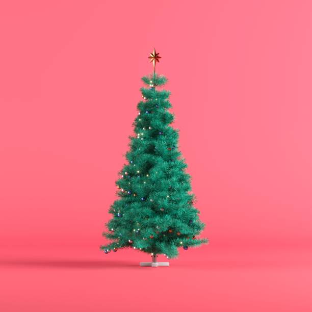 istock Green color Christmas tree on Red color background. 3D illustration. 1437797358