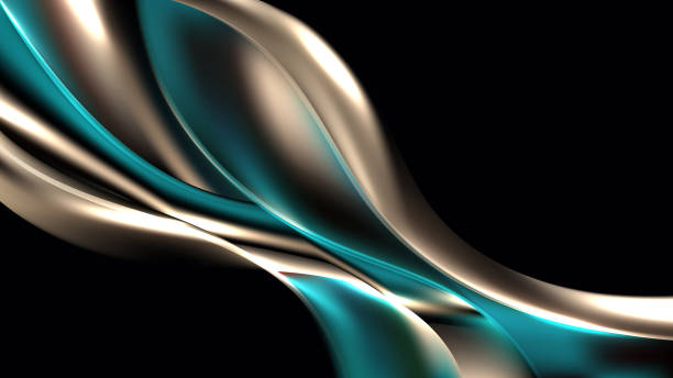 istock Abstract 3D liquid or fluid golden and green emerald metallic color with lighting effect isolated on black background luxury style 1437797598