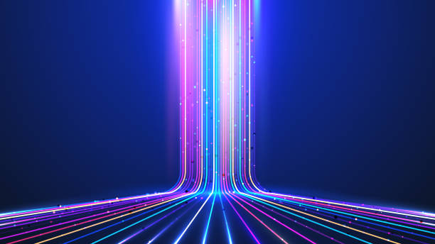 абстрактная технология цифровой футуристической концепции свечения неоновых цветов линий с эффектом освещения перспективы на темно-сине� - outline path stock illustrations