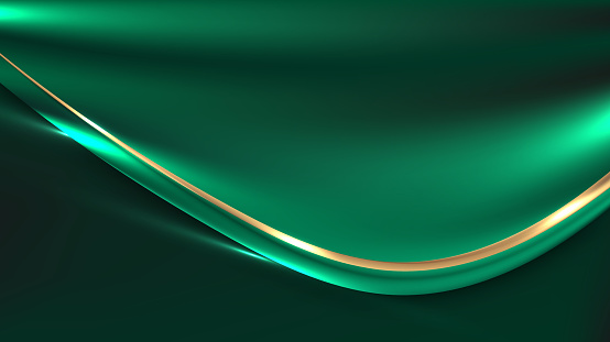 Abstract luxury green fabric satin background with shiny golden line with lighting effect. Vector illustration