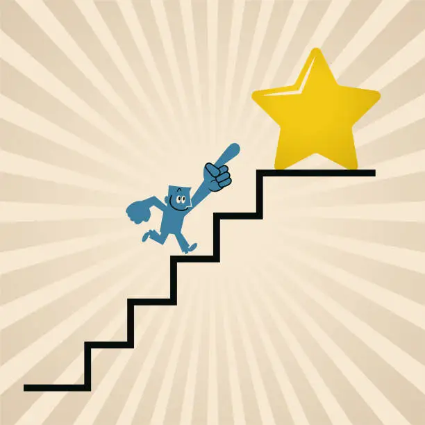 Vector illustration of Steps to Success, A businessman climbing up steps to get the star
