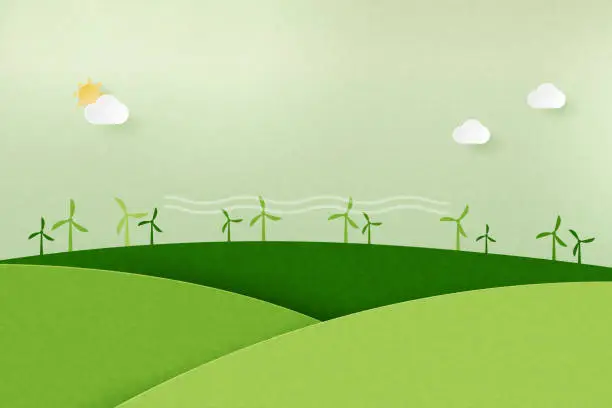 Vector illustration of Paper art of Sustainability of alternative energy and ecology conservation concept.Wind turbine on green nature mountains landscape background.Vector illustration.