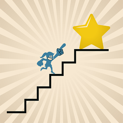 Blue Cartoon Characters Design Vector Art Illustration.
Steps to Success, A businesswoman climbing up steps to get the star.