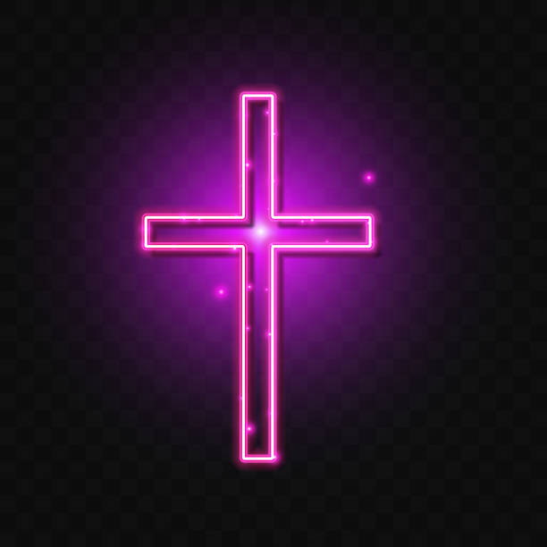 istock Religion cross neon sign. Purple Christian cross icon. 1437804361