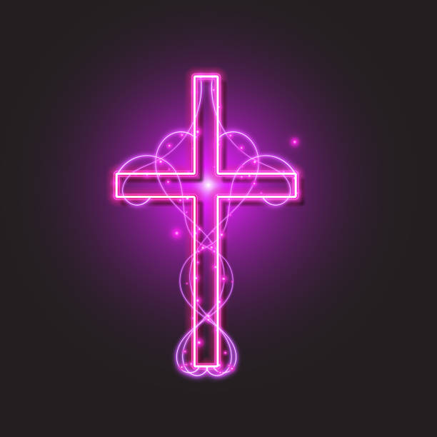 istock Religion cross neon sign. Purple Christian cross icon. 1437804373