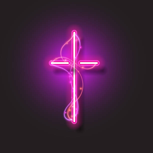 istock Religion cross neon sign. Purple Christian cross icon. 1437804404