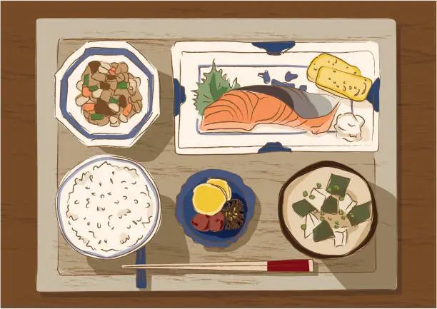 Vector illustration of vector illustration sketch style Japanese Salmon fish meal set with soup and rice