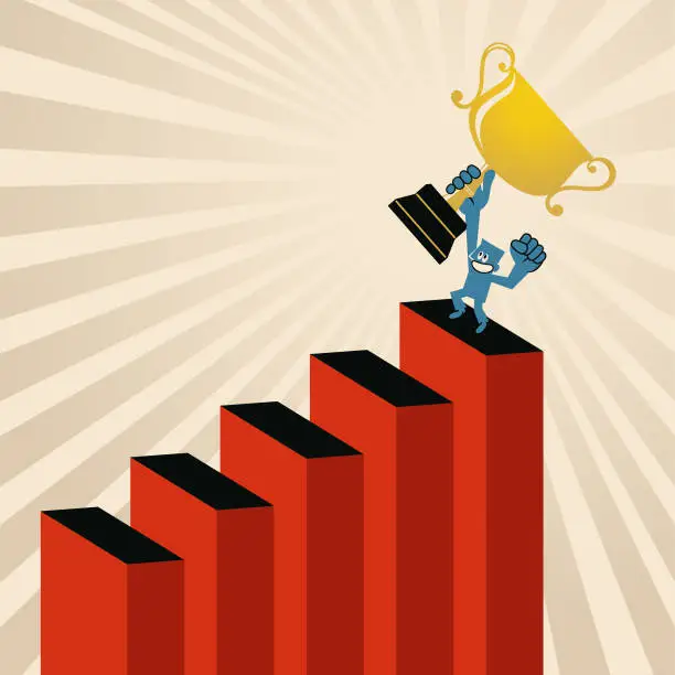 Vector illustration of Steps to Success, A businessman climbing up the growing chart steps to get the trophy