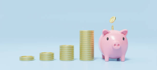 istock Gold coins stack and falling into pink piggy bank on blue background. mobile banking and Online payment service. Save dollar coin in box. Saving money wealth and business financial concept. 3d render. 1437809132