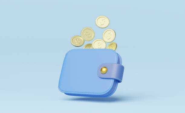 istock Gold coin falling into wallet floating on blue background. mobile banking and Online payment service. Save dollar coin in Pig money box. Saving money wealth and business financial concept. 3d render. 1437809146