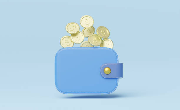 istock Gold coin falling into wallet floating on blue background. mobile banking and Online payment service. Save dollar coin in Pig money box. Saving money wealth and business financial concept. 3d render. 1437809173