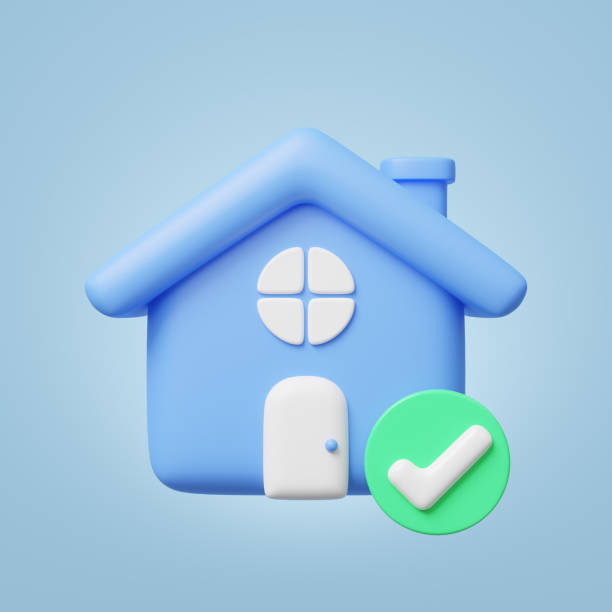 3d blue house with windows, door icon. home model, check marks floating on blue background. Business investment. Home Inspection concept. Mockup cartoon icon minimal style. 3d render illustration. casa azul 3d con ventanas, icono de puerta. modelo casero, marcas de verificación flotando sobre fondo azul. inversión empresarial. concepto de inspección de viviendas. maqueta de icono de dibujos animados estilo minimalista. ilustración de renderizado
