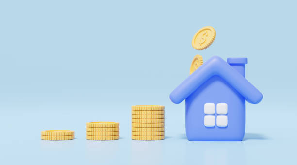 istock 3d Gold coins stack and falling into blue house on blue background. Home model with windows, door icon. Financial investment growth concept. Mockup cartoon icon minimal style. 3d render illustration 1437809317