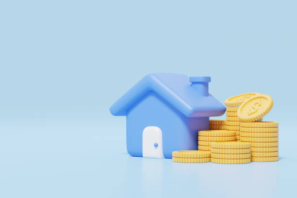 istock 3d Gold coins falling into stack and blue house on blue background. Home model with windows, door icon. Financial investment growth concept. Mockup cartoon icon minimal style. 3d render illustration. 1437809322
