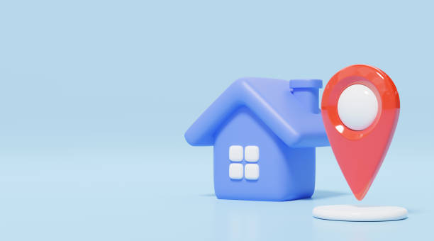 istock 3d blue house, location pin icon. Cute home model with red GPS navigator checking points. Business investment, real estate, mortgage, loan concept. Cartoon icon minimal style. 3d render illustration. 1437809330