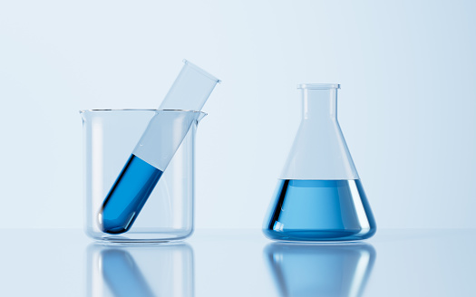 Pharmaceutical production line for vaccination manufacturing. Close up of glass vials with caps and blank labels moving on a conveyor belt. Industrial background, manufacturing equipment. Red and blue hues. Digitally generated image. Selective focus.